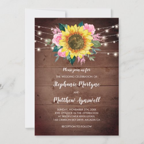 Sunflower Pink Rose Floral Lights Wood Wedding Invitation