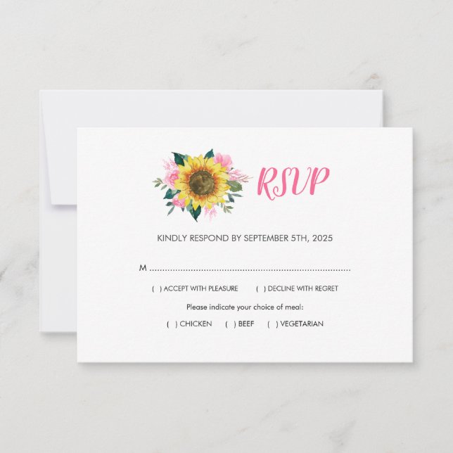 Sunflower Pink Rose Floral Meals Wedding RSVP Card (Front)