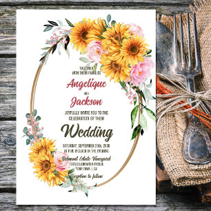 Sunflower Pink Rose Floral Oval Wedding Invitation