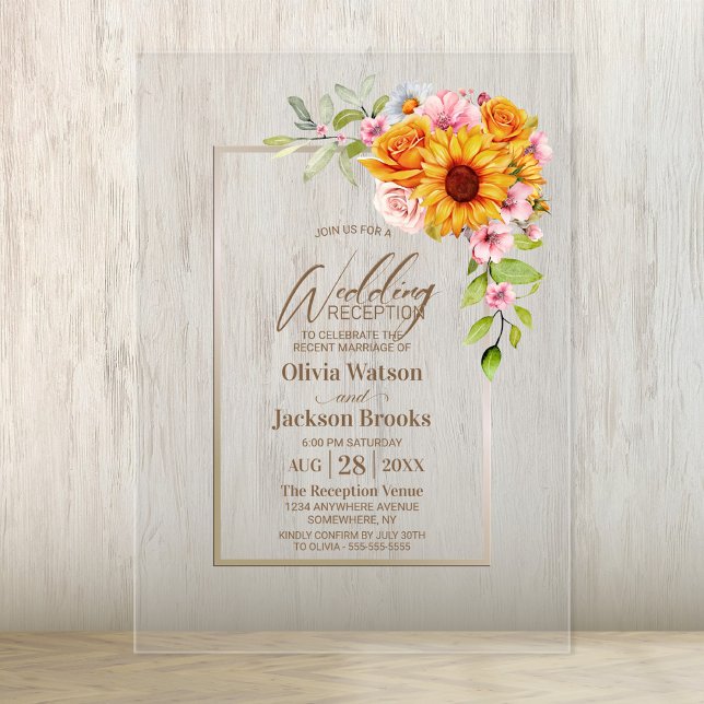 Sunflower Pink Rose Floral Wedding Reception Acrylic Invitations (Creator Uploaded)