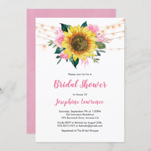 Sunflower Pink Rose Lights Bridal Shower Invitation