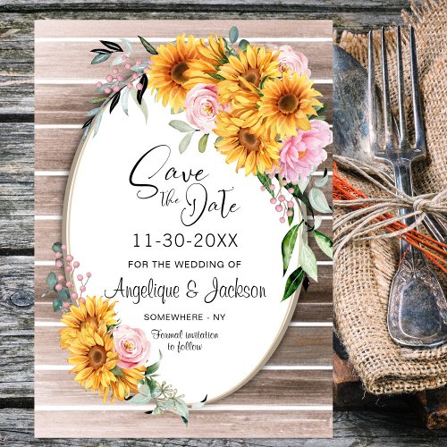 Sunflower Pink Rose Oval Wedding Save The Date