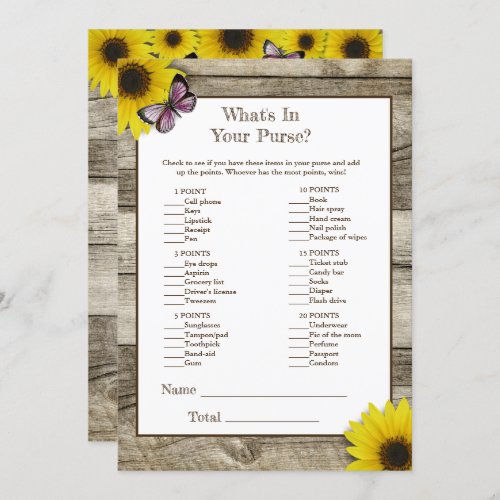 Sunflower Pink Whats In Your Purse Baby Shower Invitation