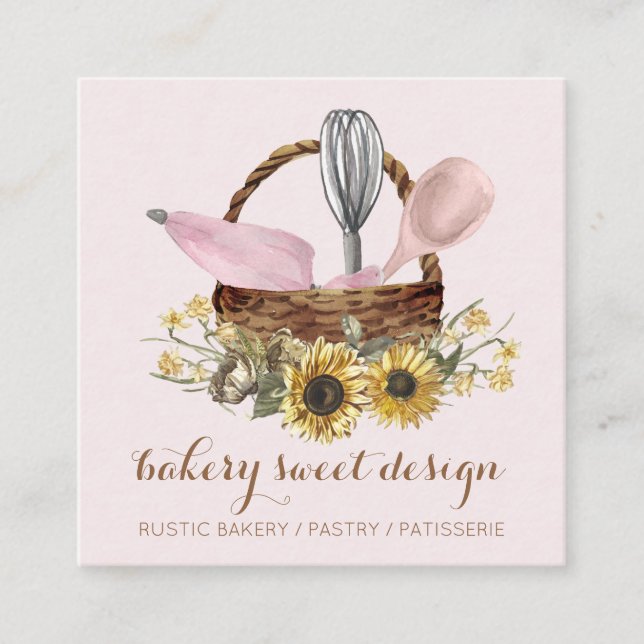 Sunflower Pink Whisk Spoon Pastry Bag Bakery Chef Square Business Card (Front)