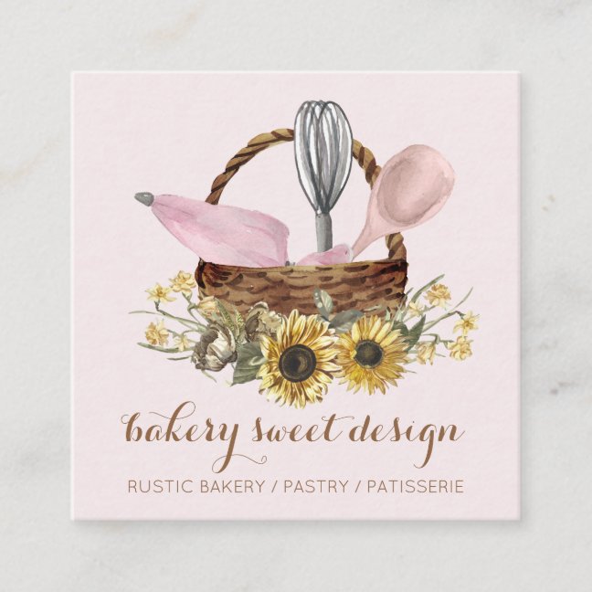 Sunflower Pink Whisk Spoon Pastry Bag Bakery Chef Square Business Card