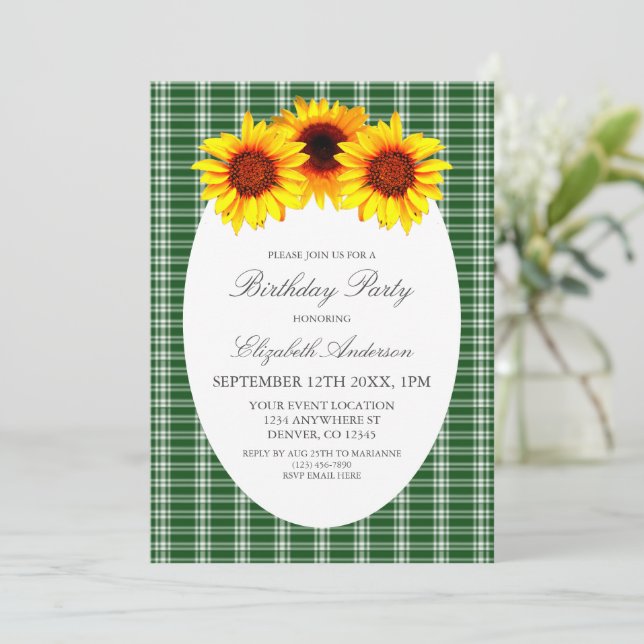 Sunflower Plaid Birthday Invitation (Standing Front)