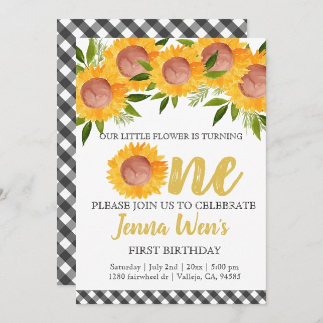 Sunflower plaid first kid birthday invitation (Front/Back)