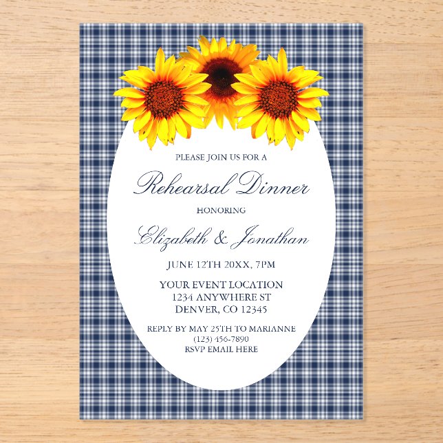 Sunflower Plaid Rehearsal Dinner Acrylic Invitations (Front)