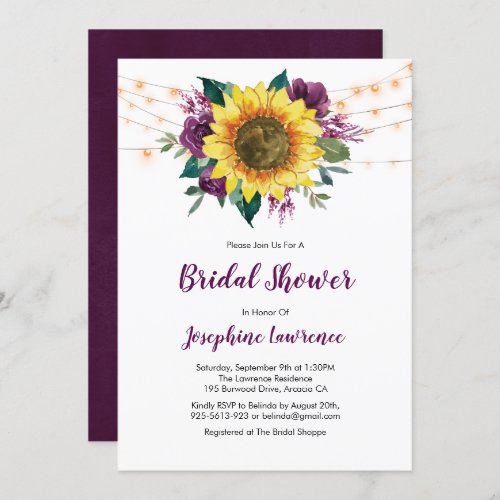 Sunflower Plum Purple Lights Bridal Shower Invitation