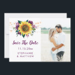 Sunflower Plum Purple Lights Photo Save The Date<br><div class="desc">These save the date cards feature rustic watercolor sunflower and plum purple floral rose design with string lights. They are part of a collection which includes a full range of matching wedding invitations and stationery. Personalize them with your own text and photo. Please visit our store to see the full...</div>