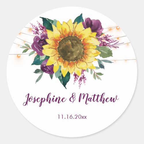 Sunflower Plum Purple Rose Floral Lights Wedding Classic Round Sticker