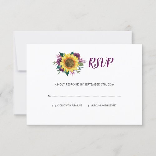 Sunflower Plum Purple Rose Floral Wedding RSVP Card
