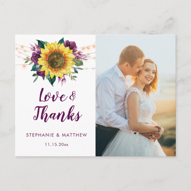 Sunflower Plum Purple Rose Lights Photo Thank You Postcard (Front)
