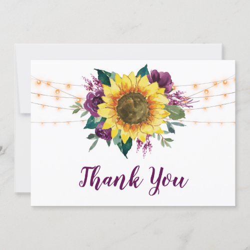 Sunflower Plum Purple Rose String Lights Wedding Thank You Card