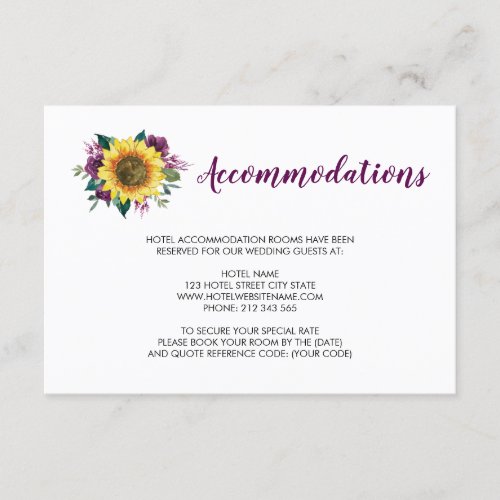 Sunflower Plum Purple Rose Wedding Accommodations Enclosure Card