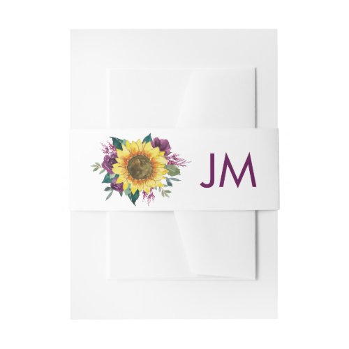 Sunflower Plum Purple Rose Wedding Monogram Invitation Belly Band