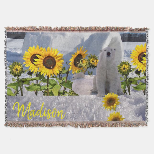 Sunflower Polar Bear Throw Blanket (Front)