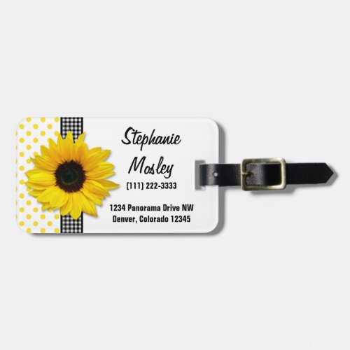 Sunflower Polka Dot Gingham Yellow Black White Luggage Tag
