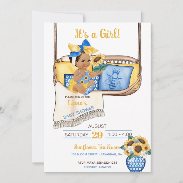 Sunflower Porch Swing Yellow Blue Sunflower Bee Invitation (Front)