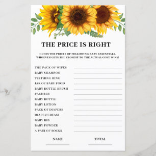 Sunflower Price is Right Baby Shower Game Card 