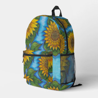 Sunflower Print Backpack Yellow Blue Black