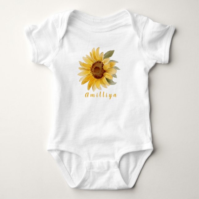 Sunflower Print Personalized Name Cute Morden  Baby Bodysuit (Front)