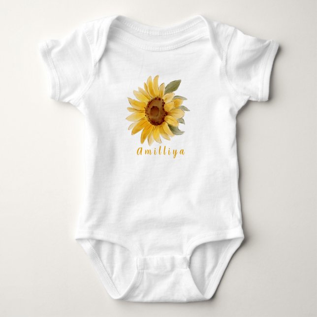 Sunflower Print Personalized Name Cute Morden  Baby Bodysuit (Front)