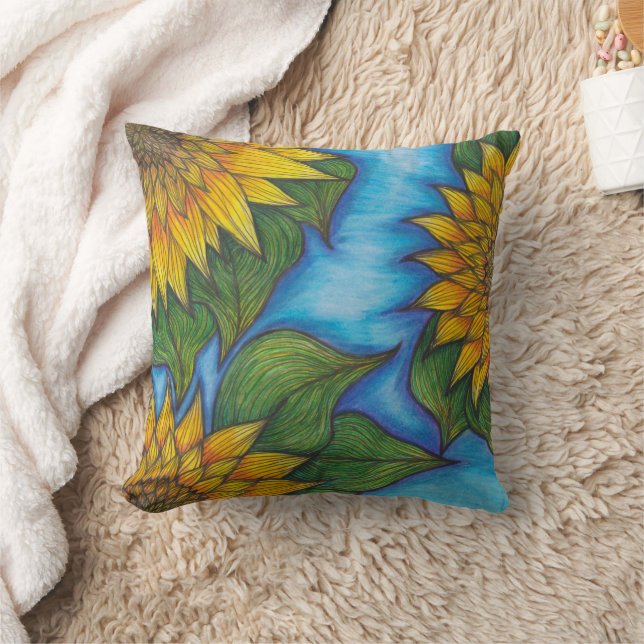 Sunflower Print Throw Pillow For Couch Or Bed  (Blanket)