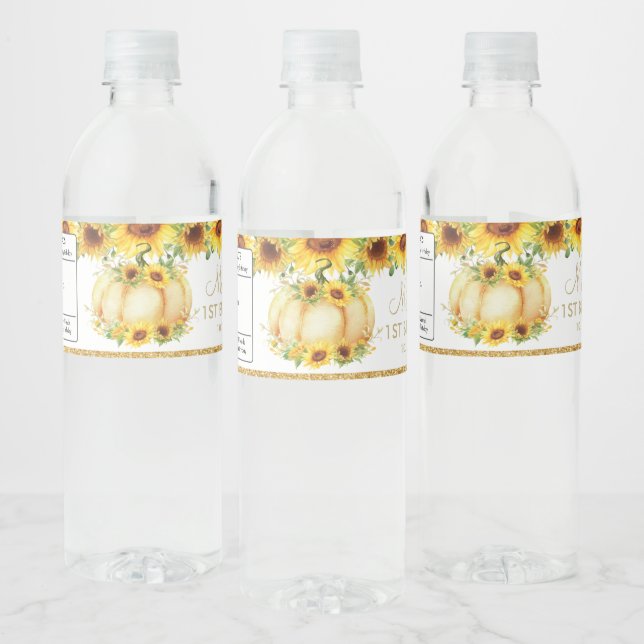 Sunflower Pumpkin 1st First Birthday Favor Water Bottle Label (Bottles)