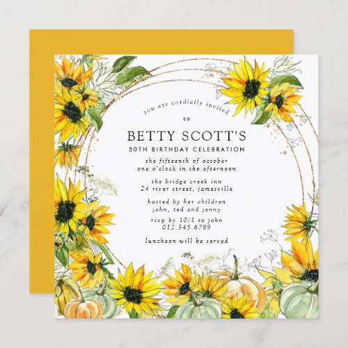 Sunflower Pumpkin Autumn Fall 50th Birthday Invitation