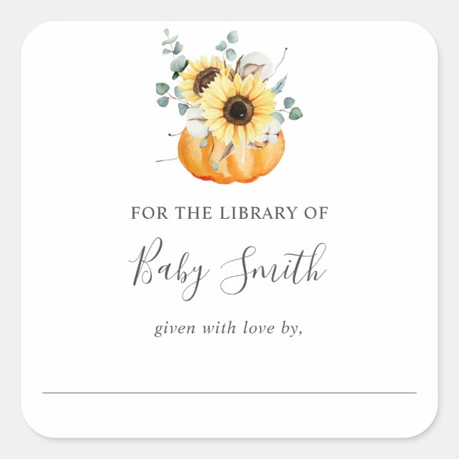 Sunflower Pumpkin Baby Shower Library Bookplate (Front)