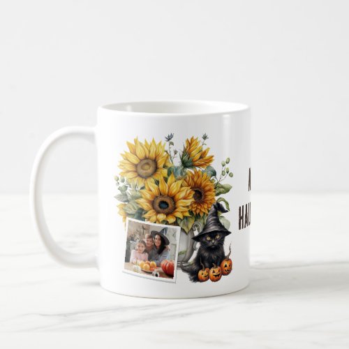 Sunflower Pumpkin Black Cat Happy Halloween Photo Coffee Mug