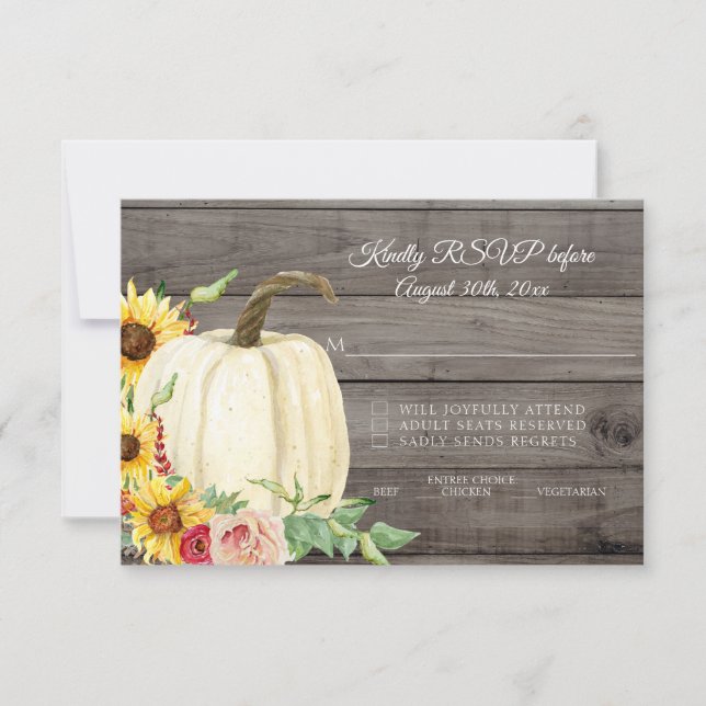 Sunflower Pumpkin Blush Red Fall Barn Wood RSVP Invitation (Front)