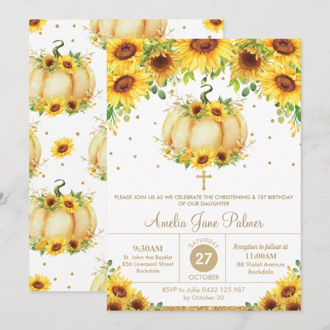 Sunflower Pumpkin Christening Baptism 1st Birthday Invitation (Front/Back)