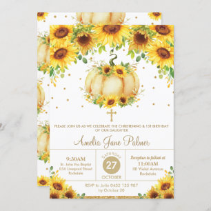 Sunflower Pumpkin Christening Baptism 1st Birthday Invitation
