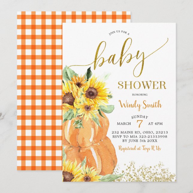 Sunflower Pumpkin Fall Baby Shower Invitation (Front/Back)
