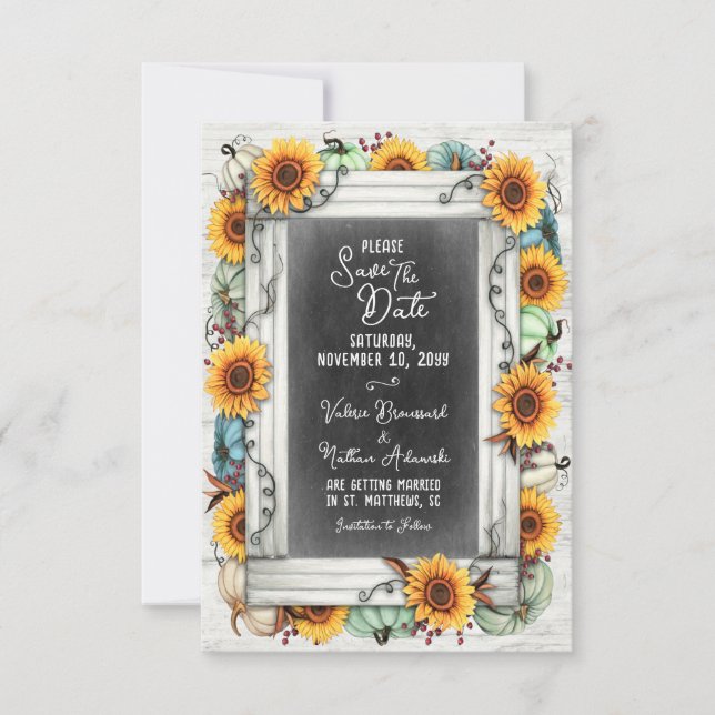 Sunflower Pumpkin Fall Farm Rustic Country Wedding Save The Date (Front)
