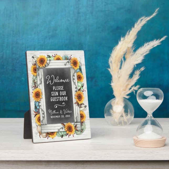 Sunflower Pumpkin Fall Farm Wedding Guestbook Sign Plaque (Side)