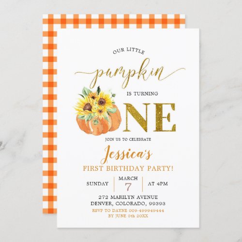 Sunflower Pumpkin Is Turning One Birthday Invitation