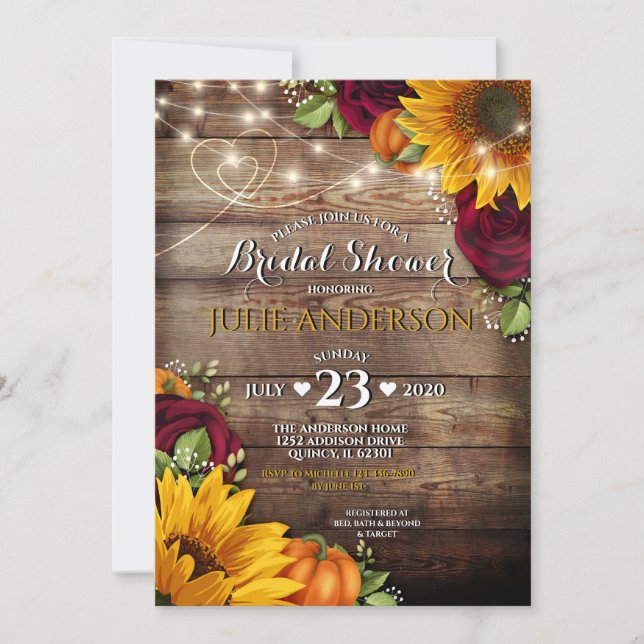 Sunflower, Pumpkin & Rose Rustic Bridal Shower Invitation (Front)