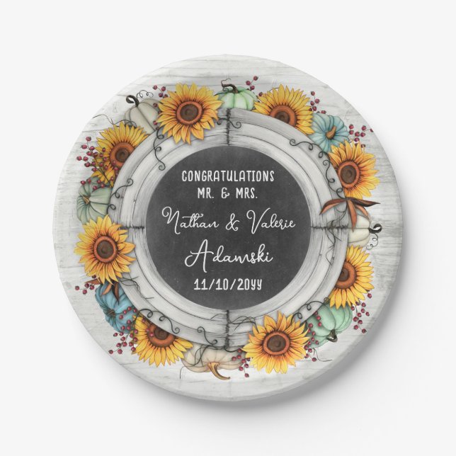 Sunflower Pumpkin Rustic Country Fall Farm Wedding Paper Plates (Front)