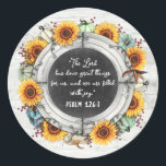 Sunflower Pumpkin Rustic Thanksgiving Bible Verse Classic Round Sticker<br><div class="desc">Customize this sticker with your own favorite Bible verse! A beautiful autumnal theme for planning a family Thanksgiving dinner, gathering, or party. Celebrate with timeless watercolor styling over vibrant sunflowers, blue-toned pumpkins and rustic wood with chalkboard. • Browse the Blessed Thanksgiving Collection below to see all coordinating products in this...</div>