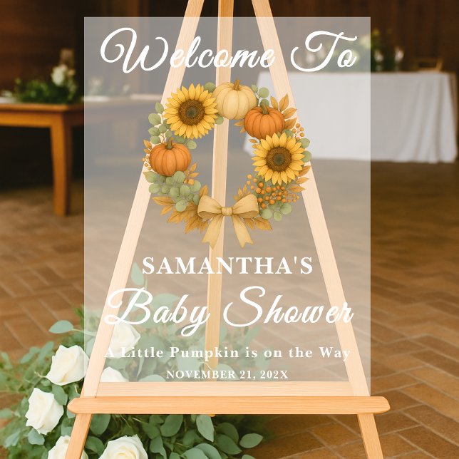 Sunflower Pumpkin Wreath Fall Baby Shower Welcome Acrylic Sign (Creator Uploaded)