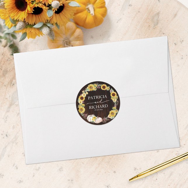 Sunflower Pumpkin Wreath Fall Wedding  Classic Round Sticker (Creator Uploaded)