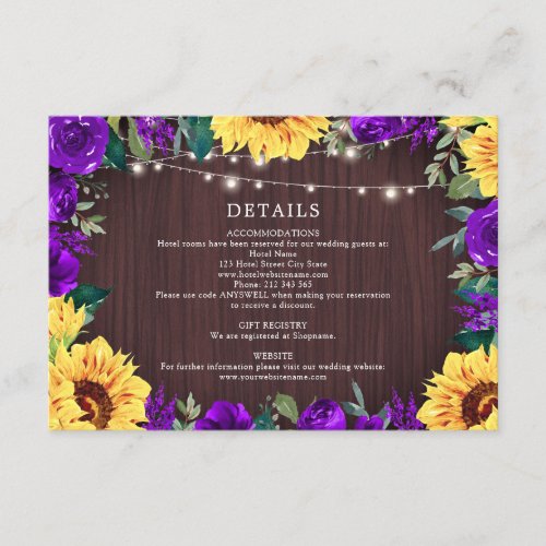 Sunflower Purple Border Lights Wedding Details Enclosure Card