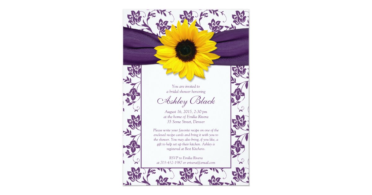 Sunflower Purple Damask Bridal Shower Invitation