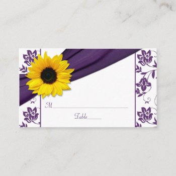 Sunflower Purple Damask Floral Wedding Place Cards by wasootch at Zazzle