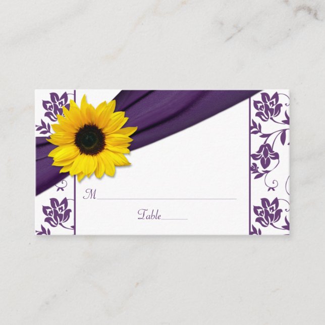 Sunflower Purple Damask Floral Wedding Place Cards (Front)