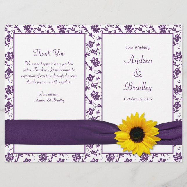 Sunflower Purple Damask Floral Wedding Program (Front)