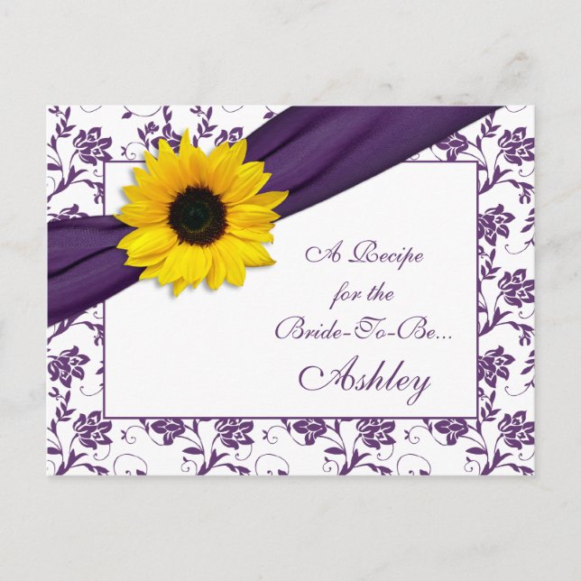 Sunflower Purple Damask Recipe Card for the Bride (Front)